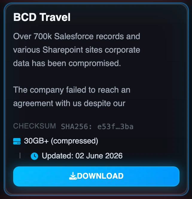 ShinyHunters BCD Travel Breach Post