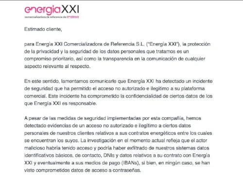 Letter Informing Endesa Customers of the Breach