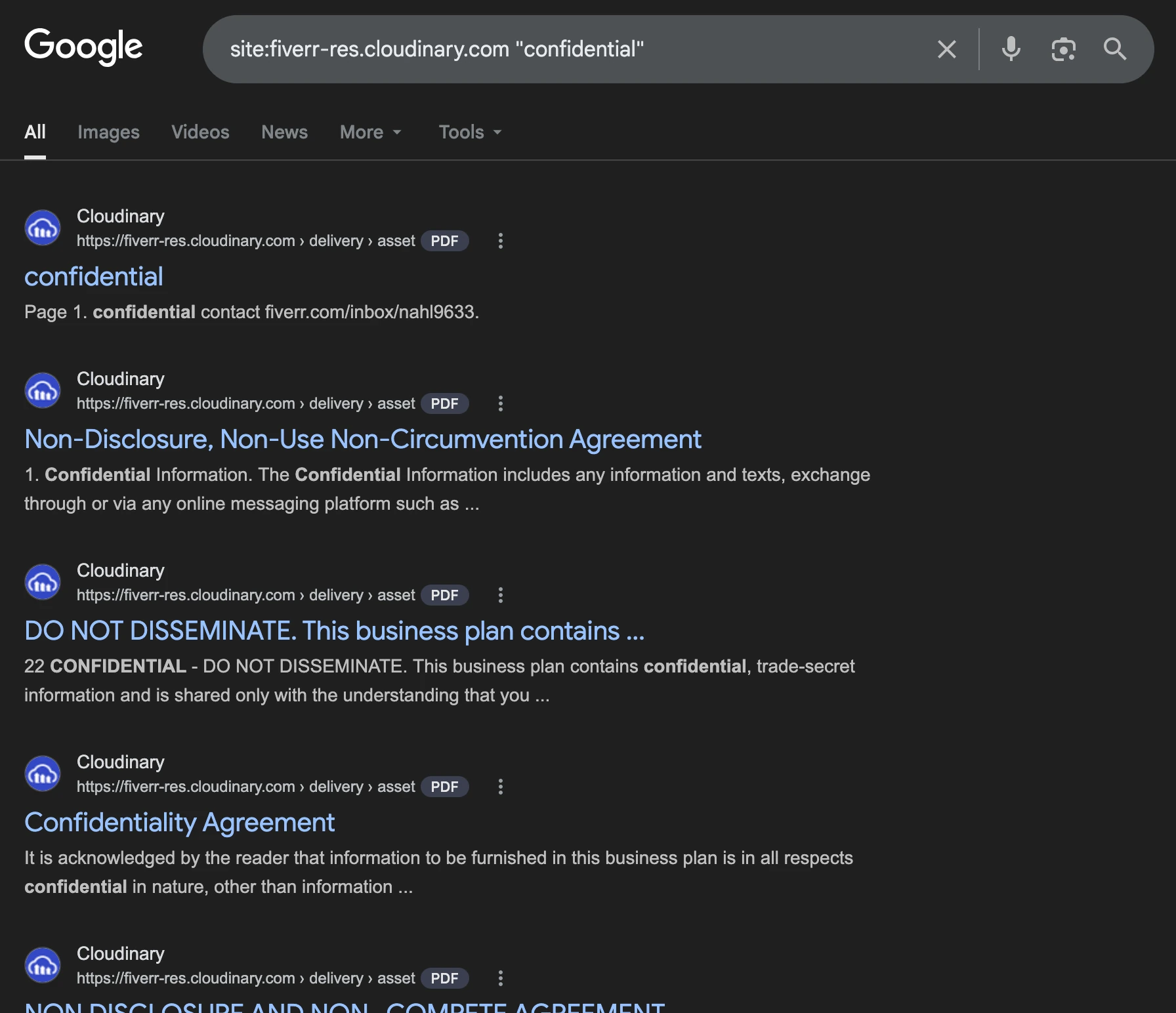 Confidential Fiverr Files Indexed on Google