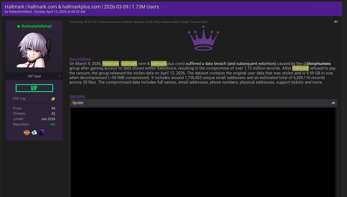 Hallmark Breach Post (Screenshot by Cybernews)