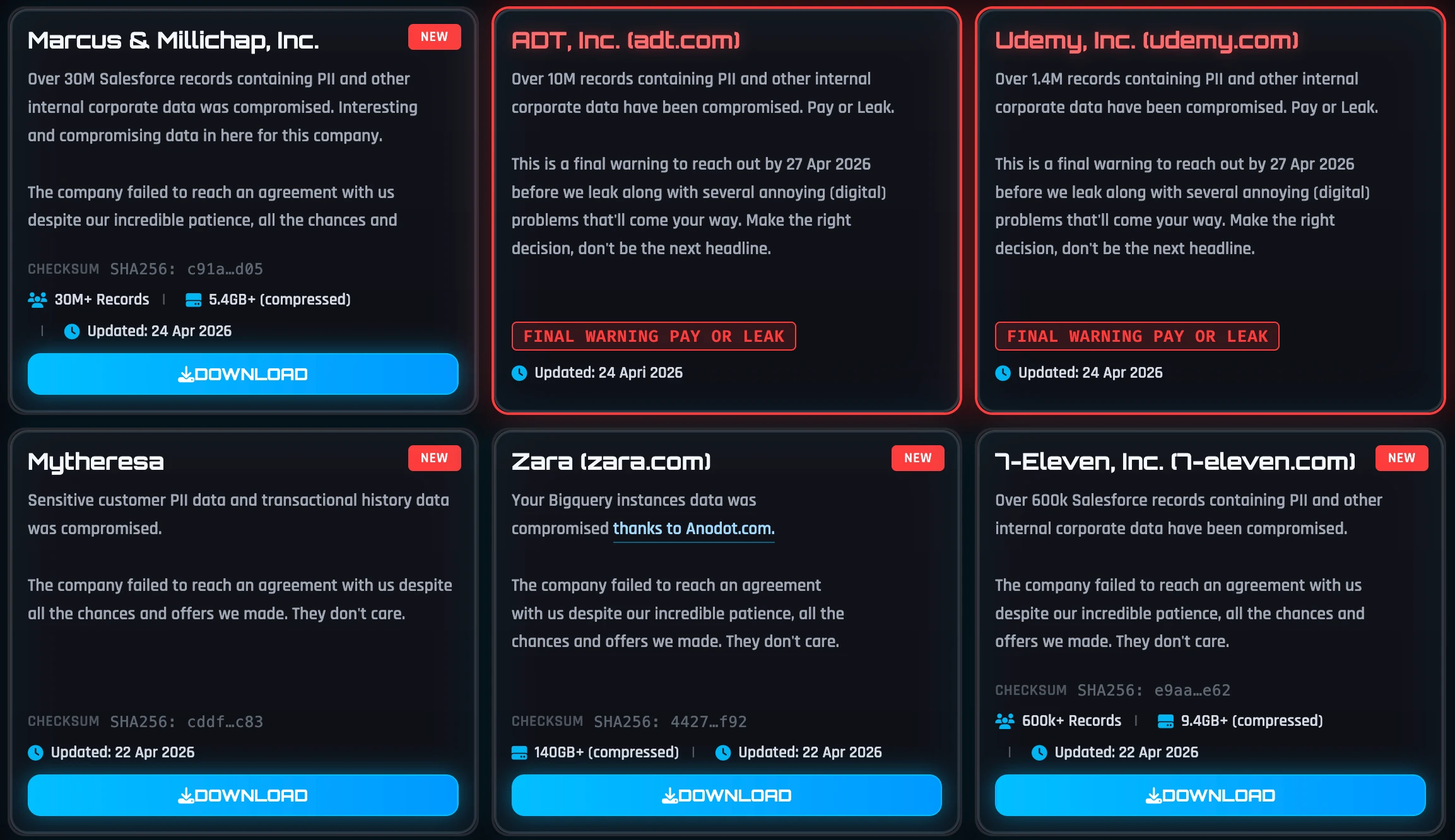 ShinyHunters Website - Breach Posts