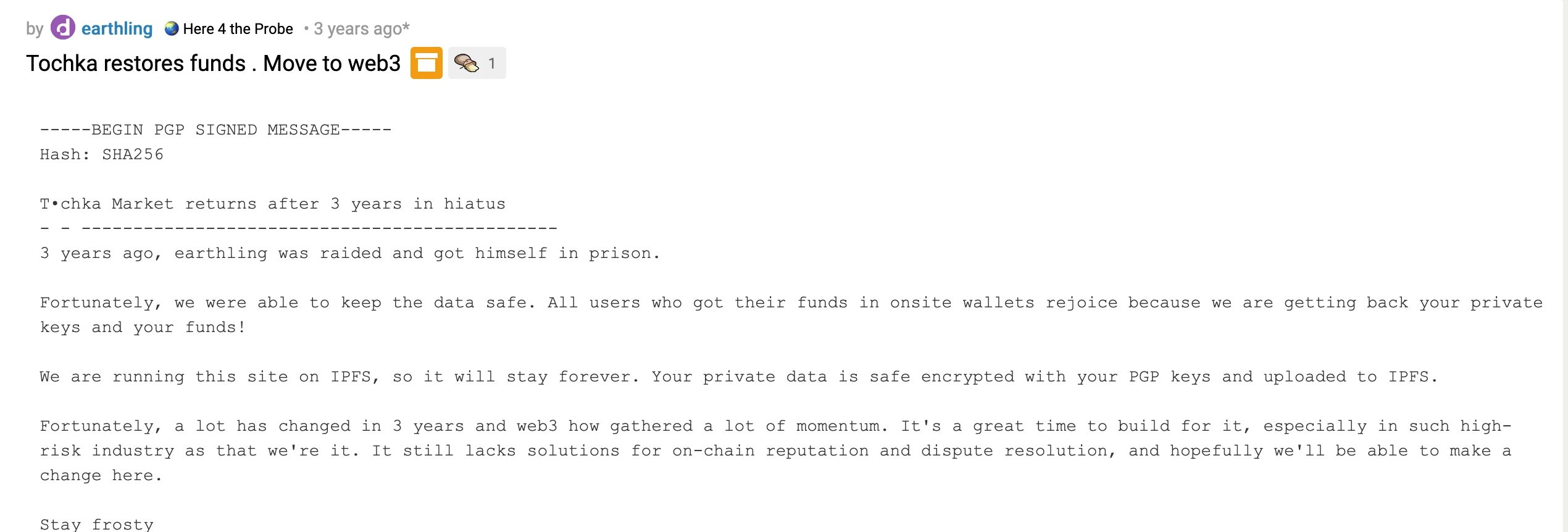 Tochka Relaunch Post on Dread