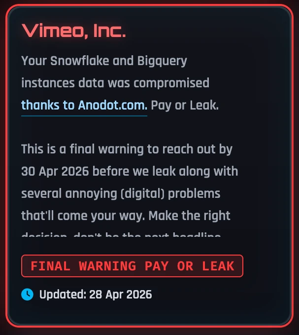 Vimeo Breach: Extortion Post